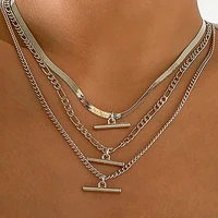 street style multi layers gold silver color chunky flat chain necklace for women ladies geometric pendant necklace accessories