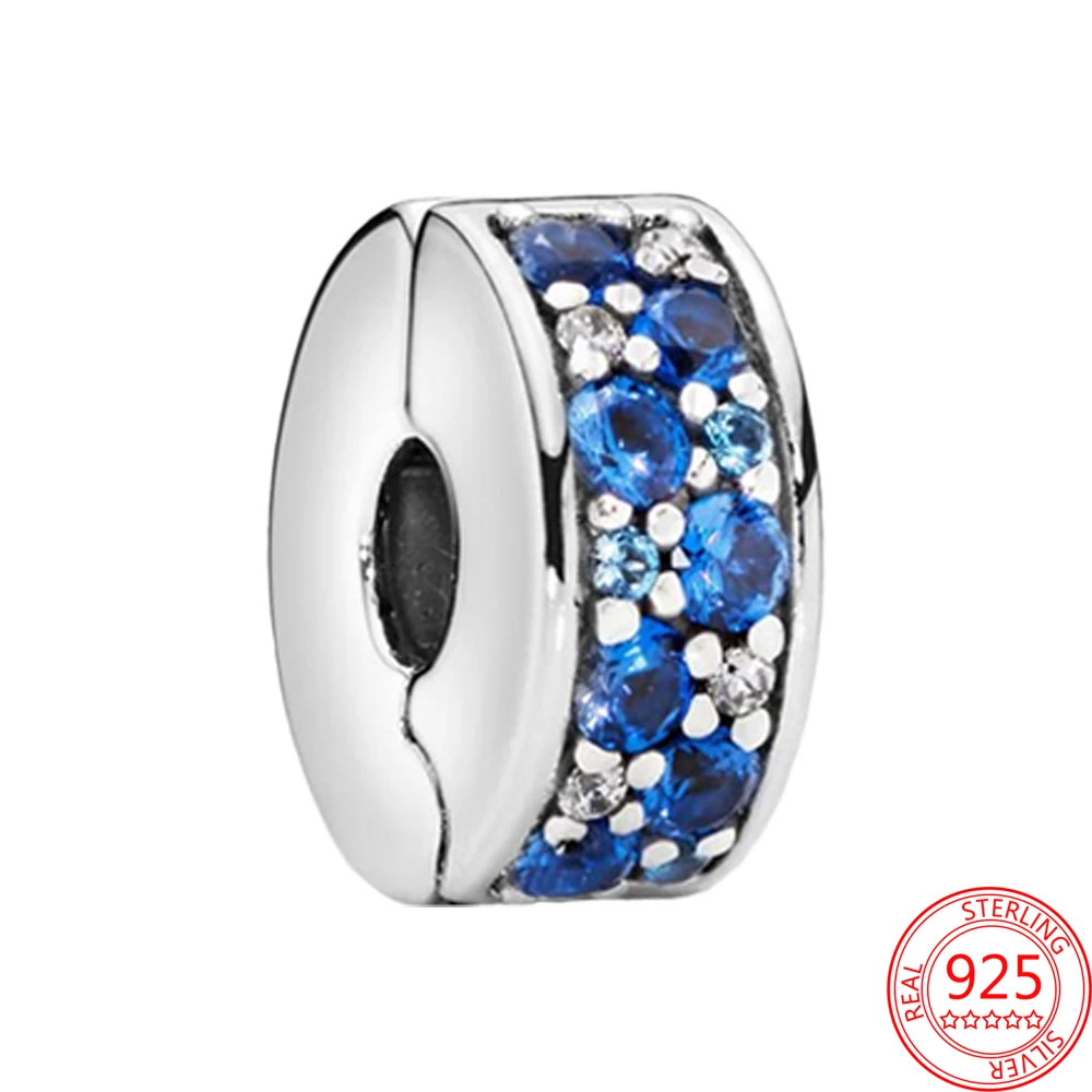 

925 Sterling Silver Jewelry fine Gift blue Diamond fixing clips Beads Women festival Fit Original Pandora DIY Bracelet Charm