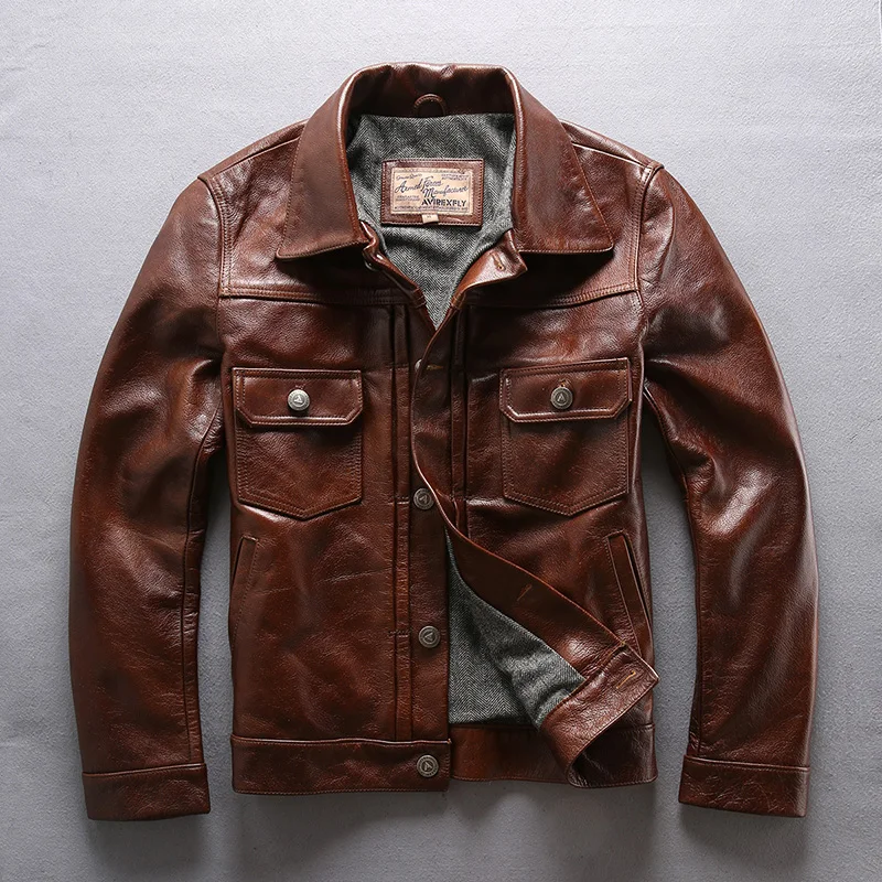 

2021 new arrivals Turn Down Collar Real Genuine Jacket Men Short Brown Sheepskin Casual Slim Fit Leather Coat Male
