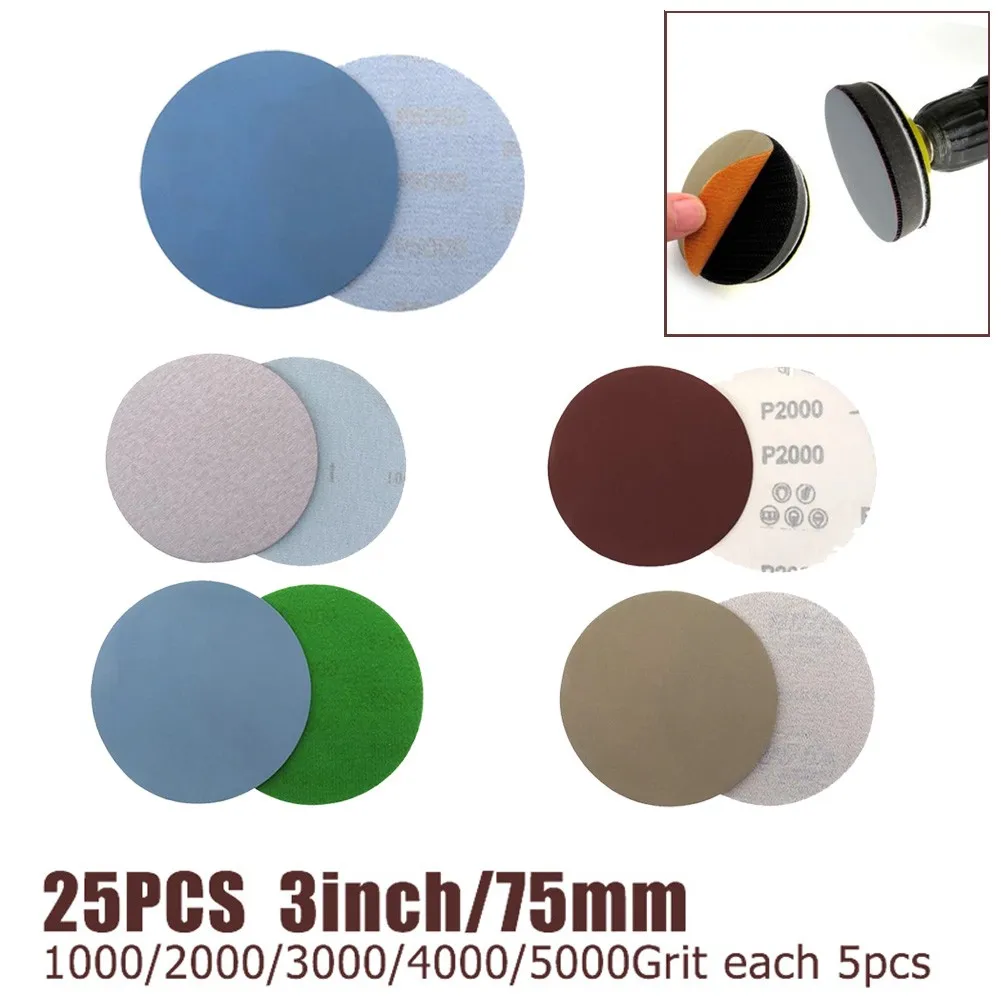 

25PCS 3 Inch Dry & Wet Sandpaper Round Sanding Discs Grit 1000/2000/3000/4000/5000 Hook Loop Polishing Sand Sheets