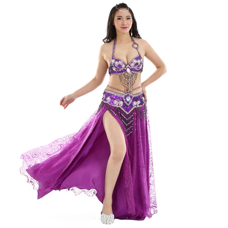 

Adult Belly Dance Costume Professional Performance Oriental Dance Clothing Belly Dance Sequin Bra Belt Split Skirt 2/3pcs Set