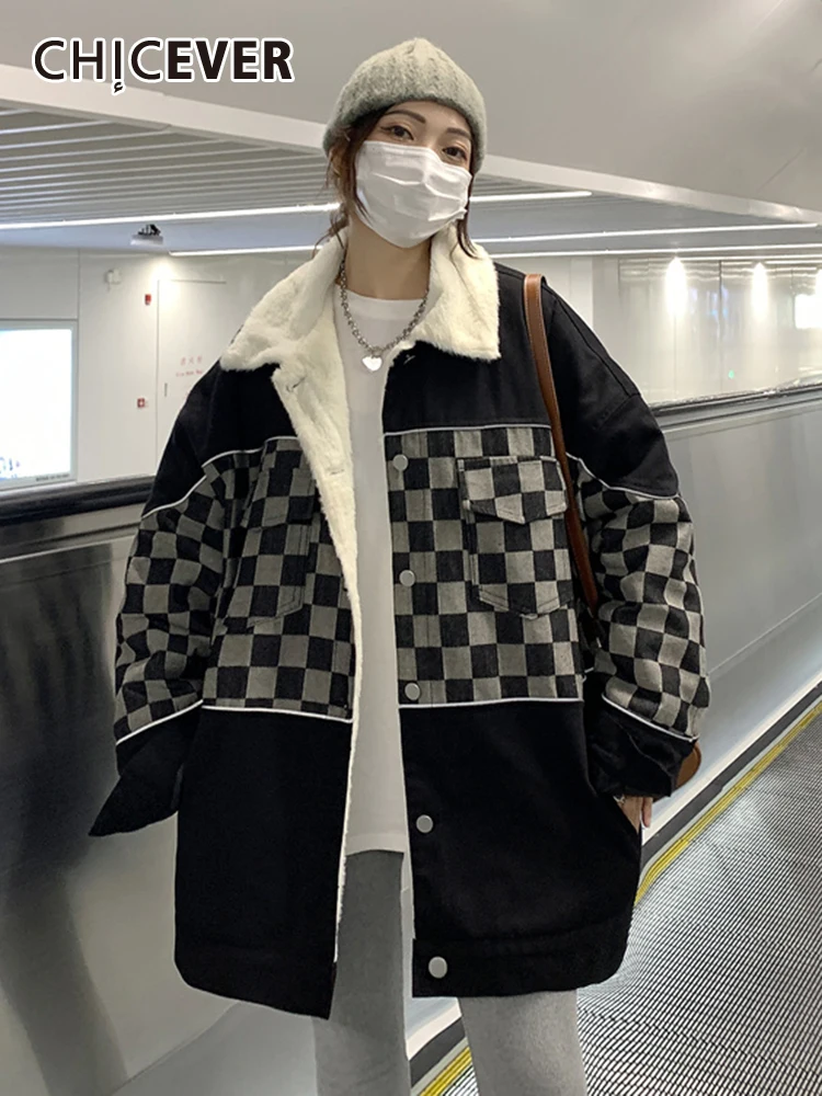 

CHICEVER Casual Plaid Straight Loose Winter Jacket For Women Lapel Long Sleeve Colorblock Korean Fashion Women's Coat 2021 Style