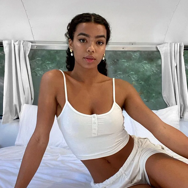 

Women White Cotton Crop Top Summer Spaghetti Strap Camis 2021 Fashion Basic Tops Casual Beach Streetwear Sleeveless Slim Vest