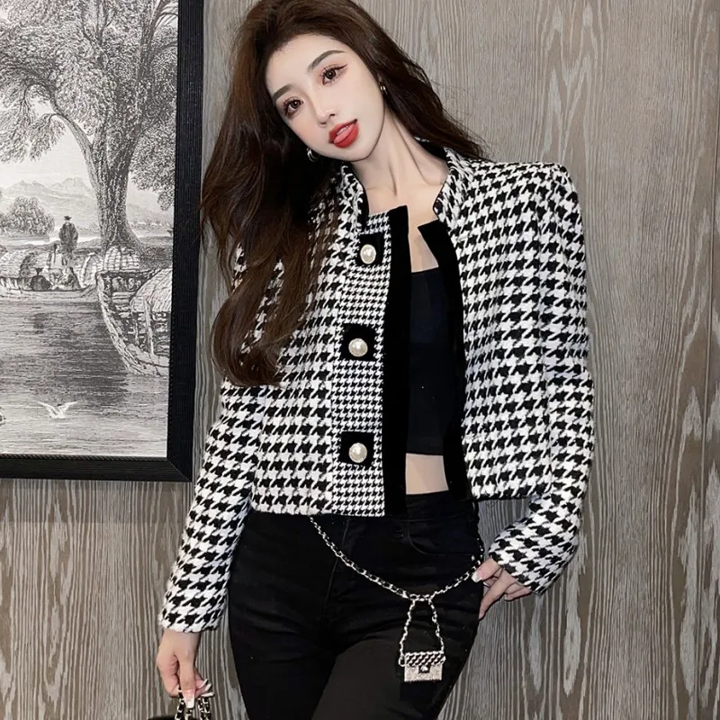 

Твидовая короткая куртка с рисунком «гусиные лапки», женское элегантное пальто, новинка сезона осень-зима 2021, модная винтажная Клетчатая Ше...
