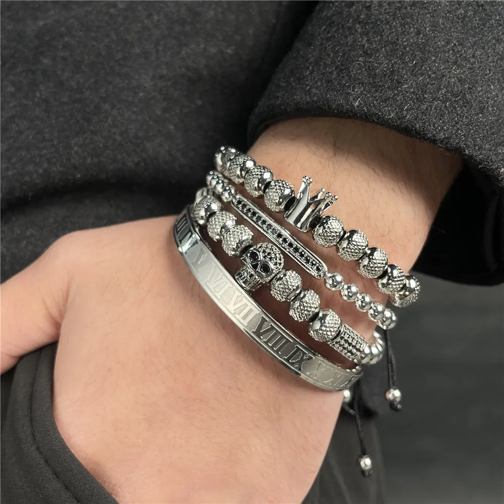 Punk 4pcs/set Classical Braiding Bracelet Set Gold Hip Hop Men Pave CZ Zircon Skull Roman Numeral Bracelet Bangle Luxury Jewelry
