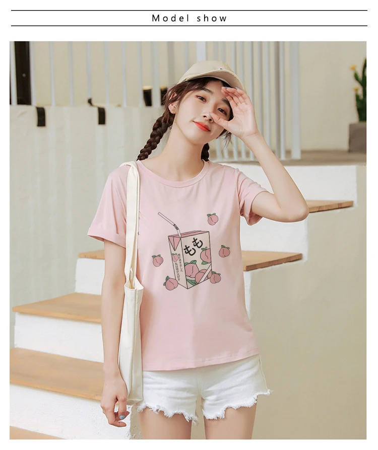 Summer New Pink Fashion Korean Style Women's Japanese Peach Juice Drink Print Harajuku Vogue Casual Loose Kawaii Female T Shirt