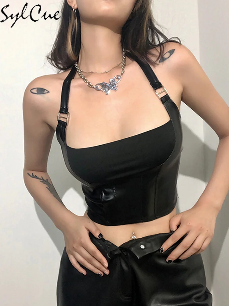 Пикантный простой черный матовый топ для ночного клуба с подвеской на шею |