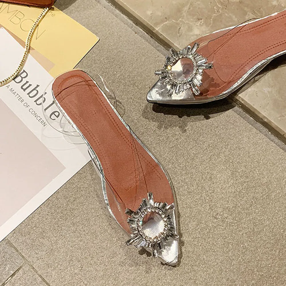 

Sandals Women 2021 Spring Summer New Fashion Clear Transparent PVC Pointed Toe Ladies Low Heel Shoes Rhinestone Female Pumps