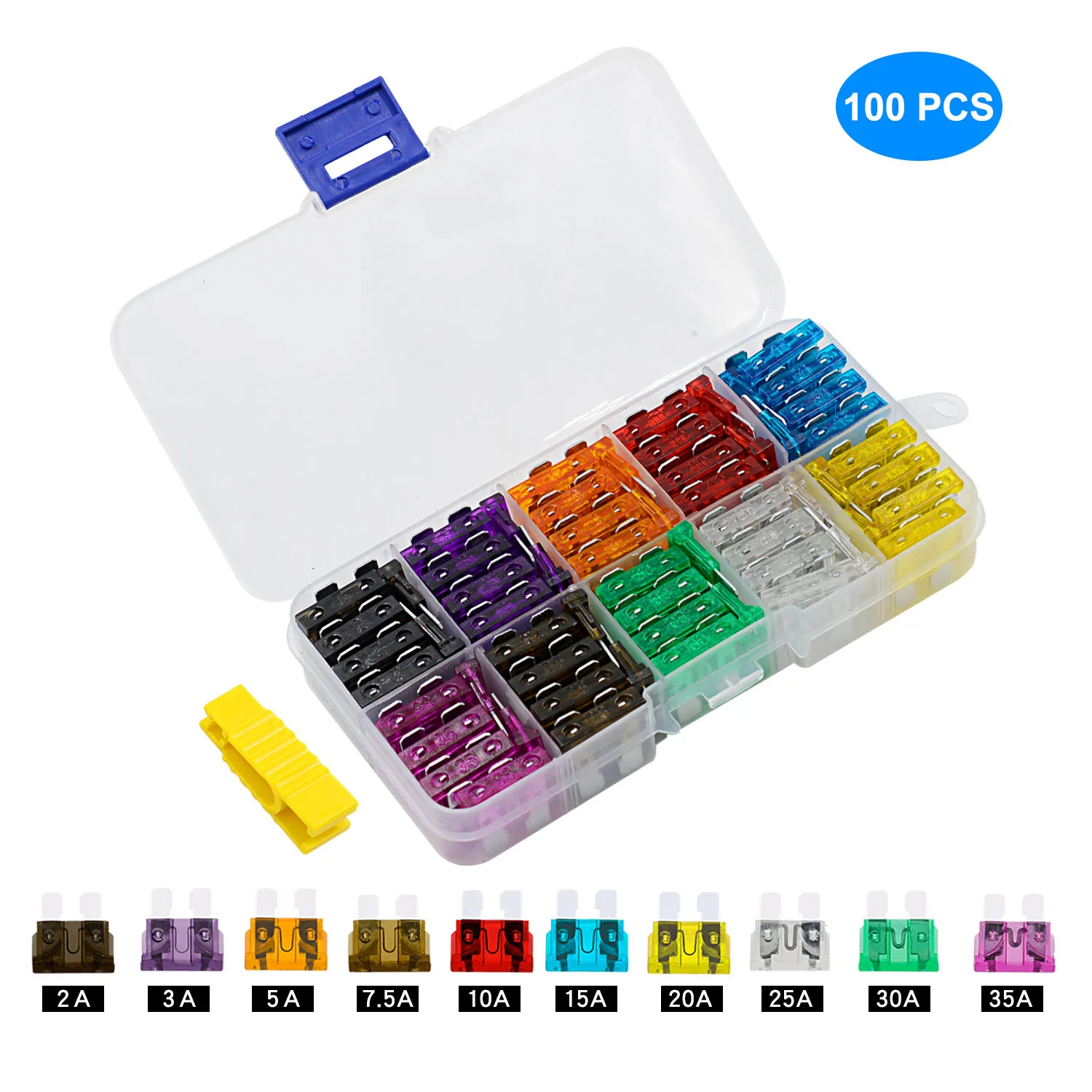 

Auto Car Fuse Box 100PCS 2A 3A 5A 7.5A 10A 15A 20A 25A 30A 35A Amp with Box Clip Assortment Auto Blade Type Fuse Set Truck