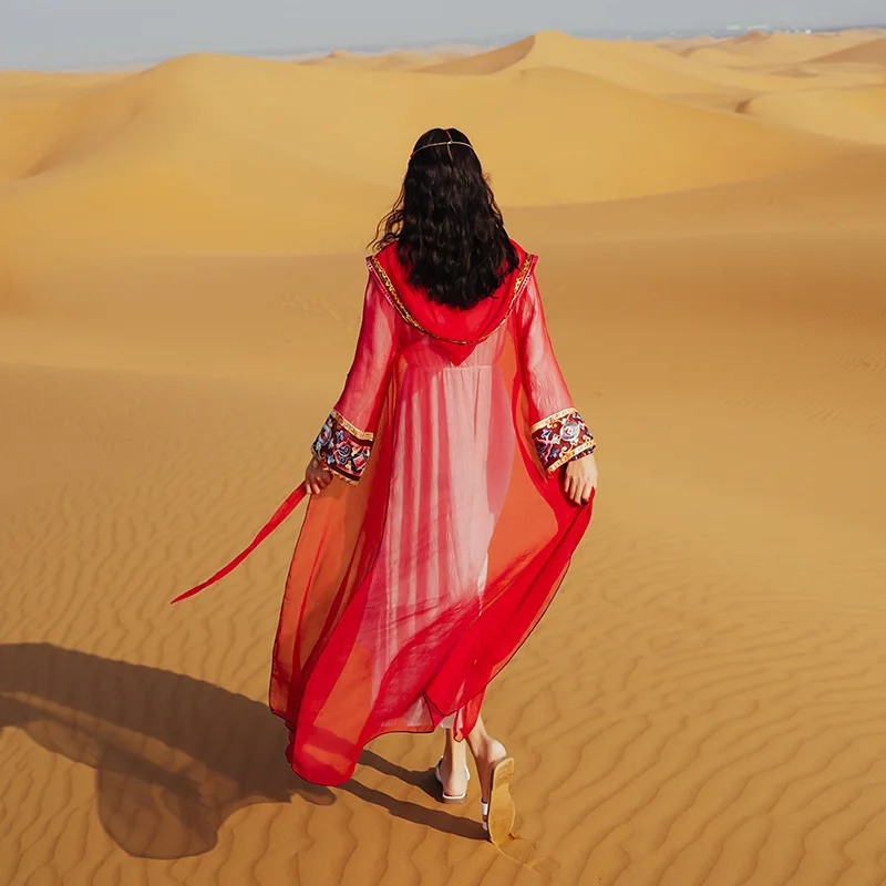 

2021 New Ethnic Fashion Women Blouse Hooded Cardigan Embroidery Thin Sheer Beach Shirt Women Long Design Coats tibetan dress