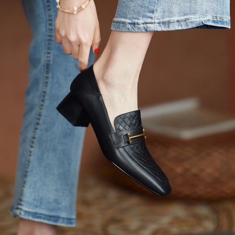 

shoes for women Plus Size Natural Leather Square Toe Metal Decorations Preppy Style Young Lady Basic Women Pumps Summer Shoes