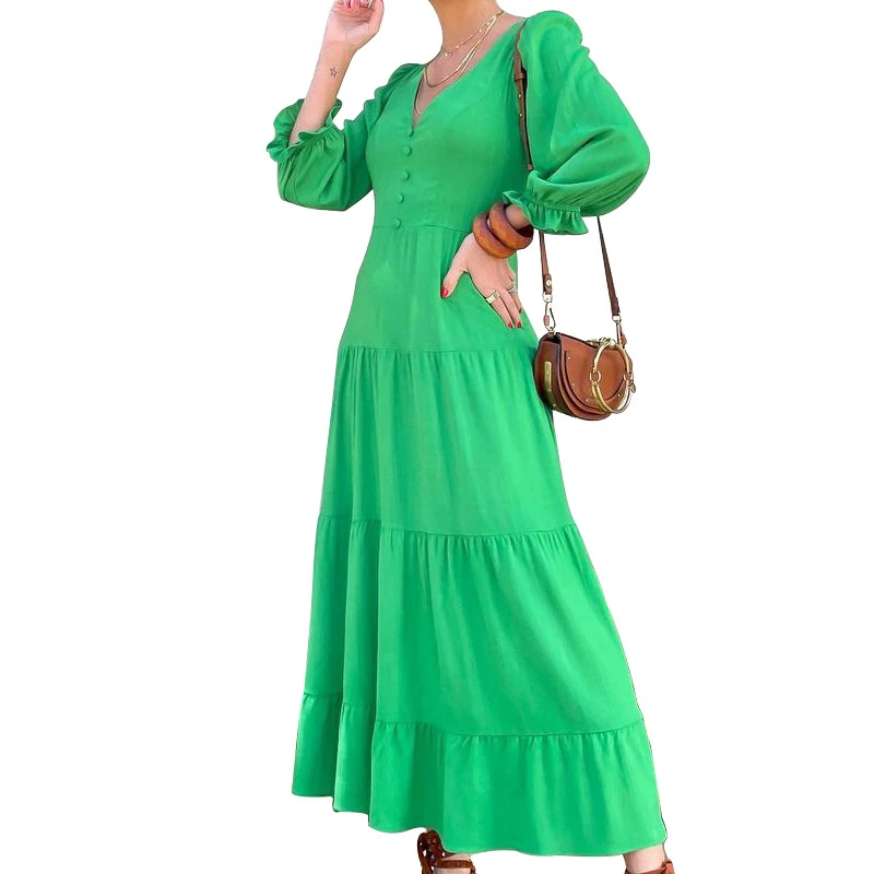 

Autumn V Neck Ruffle Women Solid Long Dress Casual Holiday Office Female Button Long Sleeve Spring Maxi Green Dress Vestidos