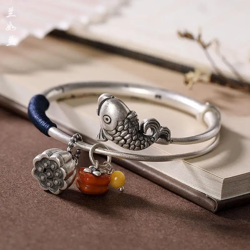 

[Koi] Carp Silver Bracelet Women's Sterling Silver Ethnic Style Rope Lotus Seedpod South Red Pendant Retro Push-Pull Silver Brac