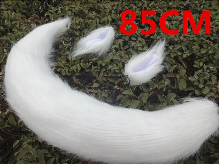 White 85cm Аниме Реквизит для косплея, лисичные уши и хвост, набор специй и волка, Холо, плюшевый длинный мех, уши Неко, хвост, для вечеринки, костюм на Хэллоуин, аксессуары - Цвет: White 85cm