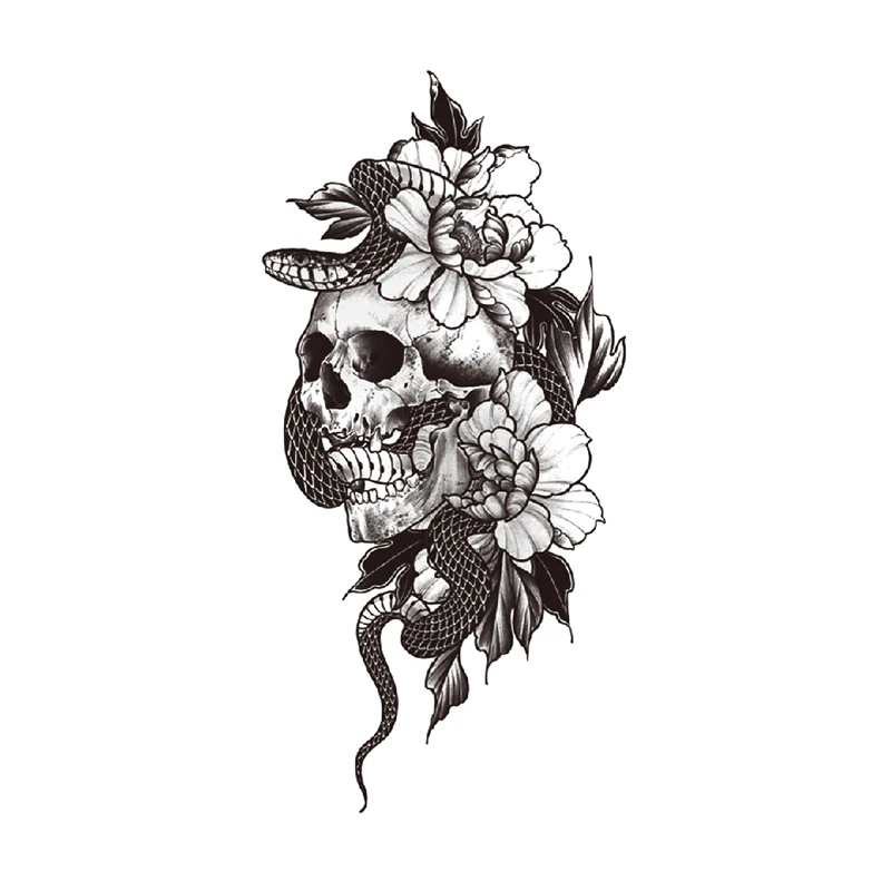

Временные татуировки-наклейки черного цвета со змеиным узором в виде черепа и украшением в виде цветка листья поддельные татуировки водост...