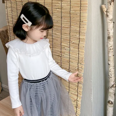 

2021 Children's Spring New Mesh Collar Long Sleeve Girls T-shirt Baby Girl Cute Solid Princess T Shirt Kids Long Sleeve Top Tees