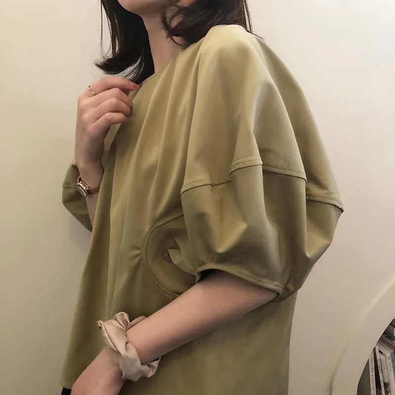 

T Shirt Women 2021 Summer New Style Round Neck Lantern Sleeve T-shirt Female Korean Short-sleeved Loose Top Solid Color Shirts