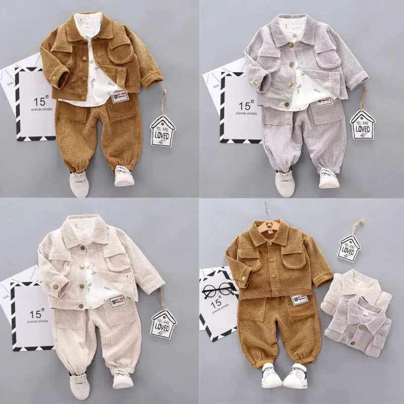 Child Toddler Fashion Autumn Long Sleeve Corduroy work wind Outfits Warm Jacket Coat + Shirt+ Pants Leggings Kids Baby Boy Girl | Детская