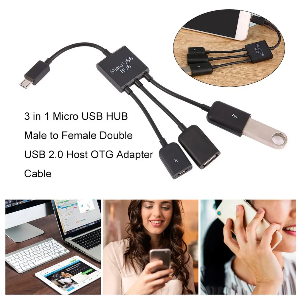 

3 in 1 Micro USB HUB Male to Female Double USB 2.0 Host OTG Adapter Cable Converter Extender Universal For Mobile Phones Black