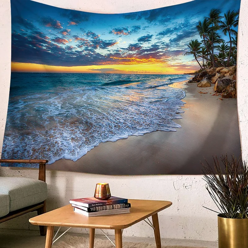 

Tapestry Beach Yoga Throw Blanket Sandy Beach Picnic Throw Rug Home Furnishing Wall Hanging Seascape Ocean Waves Decorative
