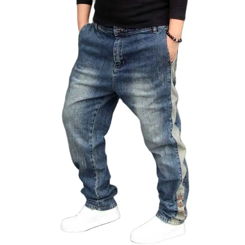 Корейские модные эластичные джинсы шаровары с полосками сбоку мужские