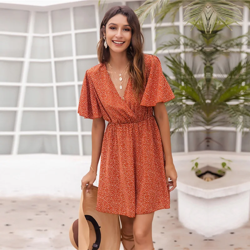 

Women's Spring Summer Dress V Neck Print Short Dress Ladies 2021 New Butterfly Sleeve Wasit Simple Fashion Floral Mini Dresses