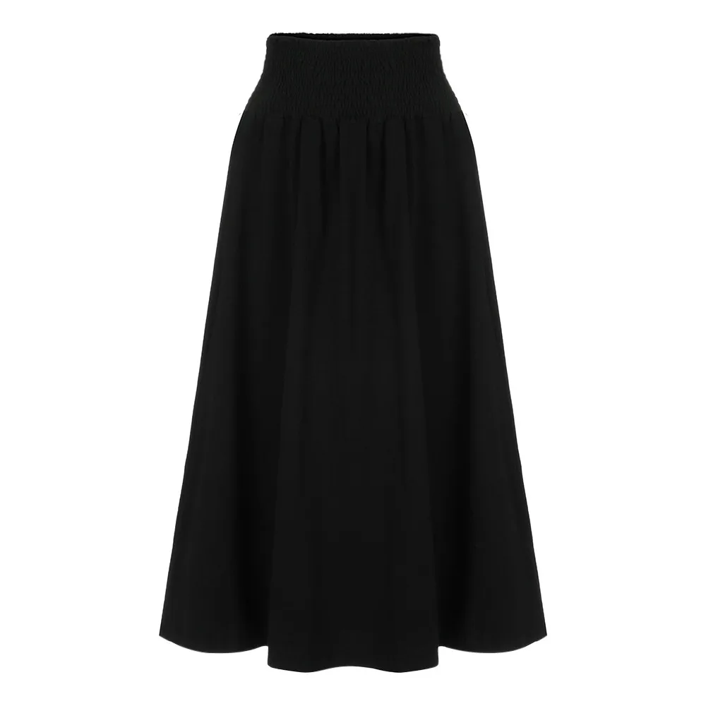 

Women Vintage Skirt Fashion Elastic Waist Solid Pleated Skirt Vintage A-line Loose Long Skirts Elegant High Waist Female Skirt