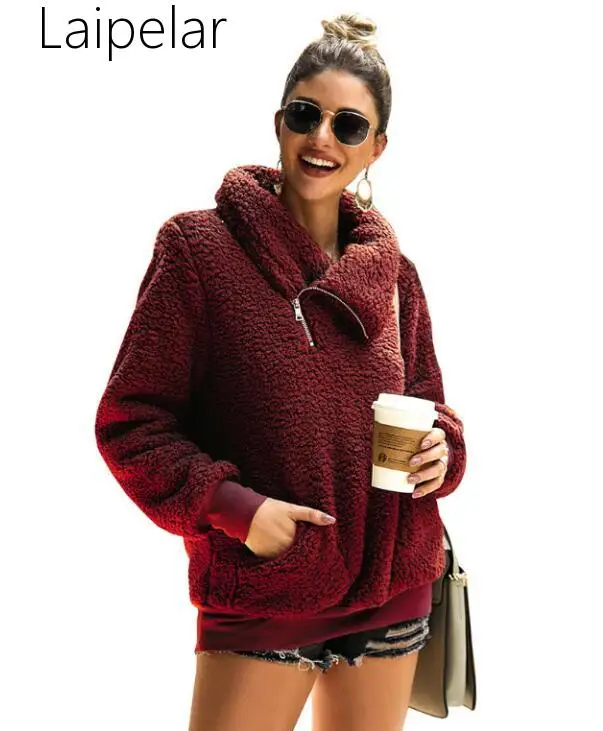 

Laipelar New Zip Oversize Faux Fur Sweatshirt Winter Women Pullovers 2019 Turn Down Neck Long Sleeve Warm Casual Fleece Hoodies