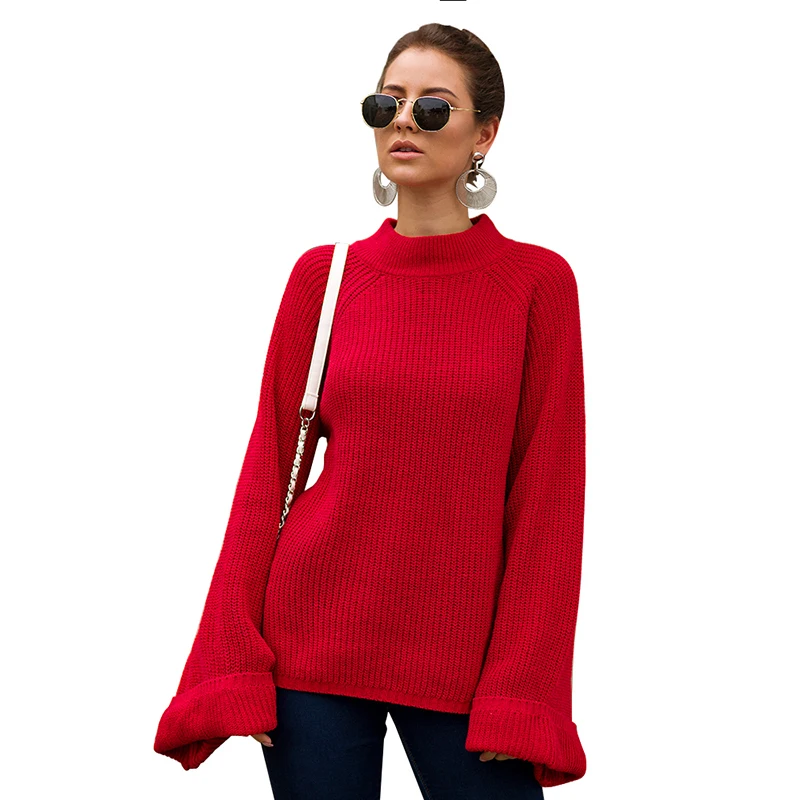 TWOTWINSTYLE однотонный Свободный вязаный женский свитер водолазка с расклешенными рукавами пуловеры негабаритные свитера женские осень
