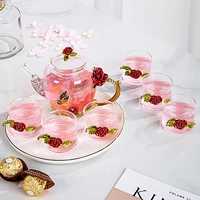 red rose enamel crystal glass tea set teapot cup set flower tea glass cups for hot and cold drinks home office teaware sets gift