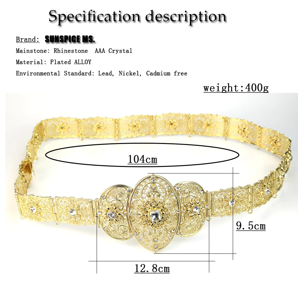 SUNSPICE-MS Chic Caftan Belt For Women Antique Gold Silver Color Ethnic Wedding Crystal Waist Belt Adjust Length India Jewelry
