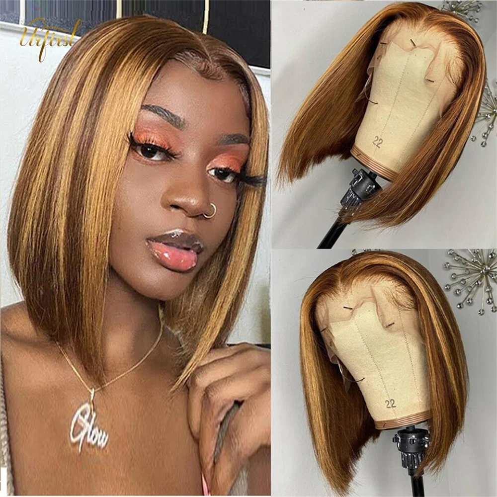 Urfirst Highlight Bob Wig Ombre Brown Honey Blonde Short Bob Wig Transparent Lace Front Wig 4X4 Closure Wig Human Hair Wigs Remy