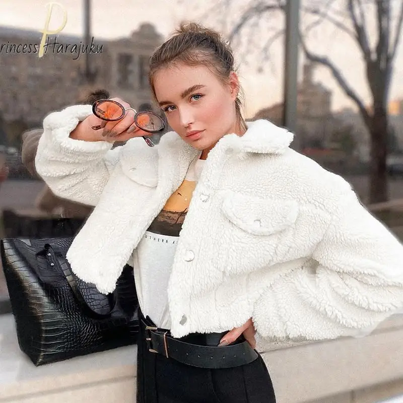 

New Autumn Winter Fashion Lamb Wool Coat Women Jacket Fleece Shaggy Warm Cropped Jackets Overcoat Single Breasted Casual Outwear