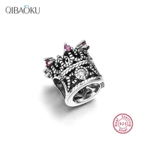 925 sterling silver charm beads for original bracelet s925 silver diy jewelry making accessories pink zircon vintage crown