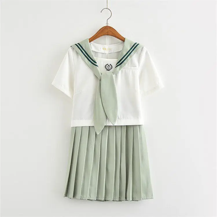 

Japanese School Uniform Summer Short-sleeved Female Pleated Skirt JK Uniform COS Clothing Student Light Green