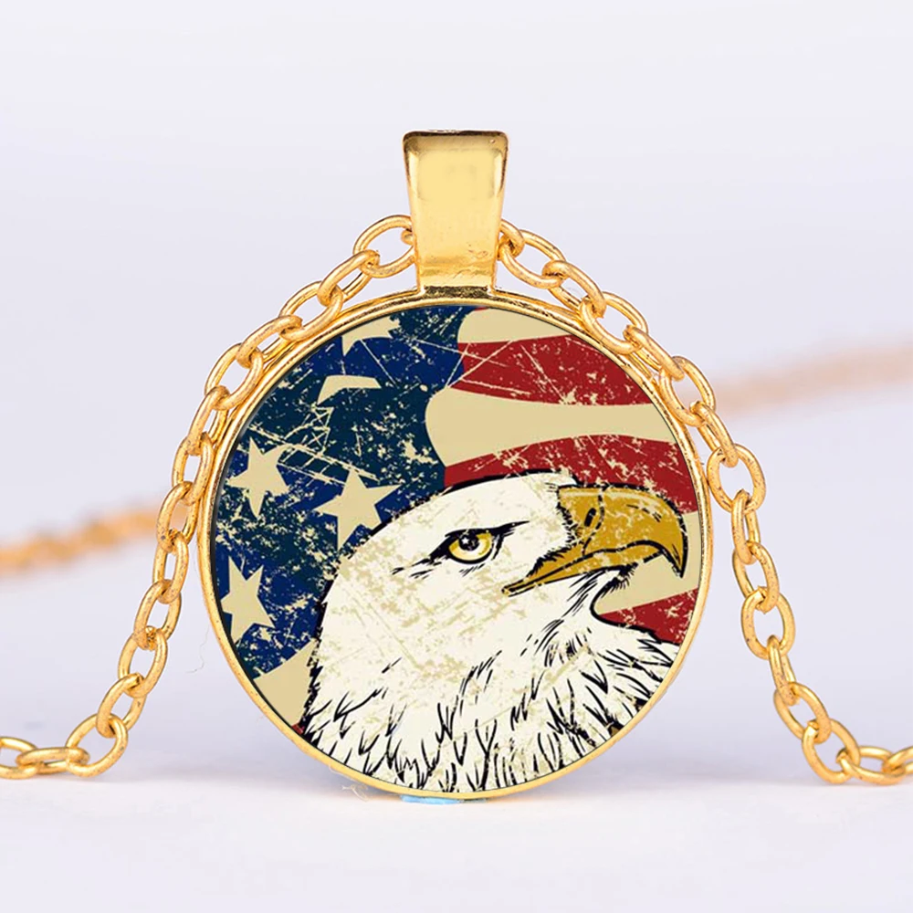 Fashion USA US Flag Keychain High Grade America Eagle 3D Printed Glass Dome Pendant 4 Color Chain Necklace Souvenir Gifts | Украшения и