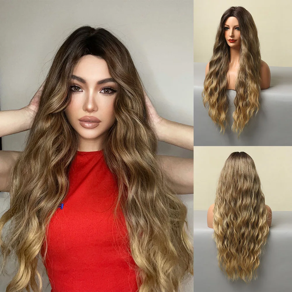 

HENRY MARGU Long Water Wavy Brown Blonde Black Ombre Synthetic Wigs Natural Cosplay Heat Resistant Wig for Women Middle Part