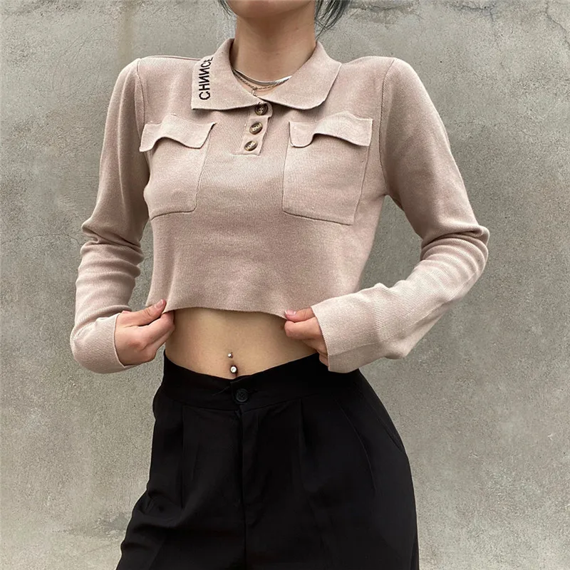 

American style retro small lapel pocket high waist short sleeve long sleeve women's Lapel top