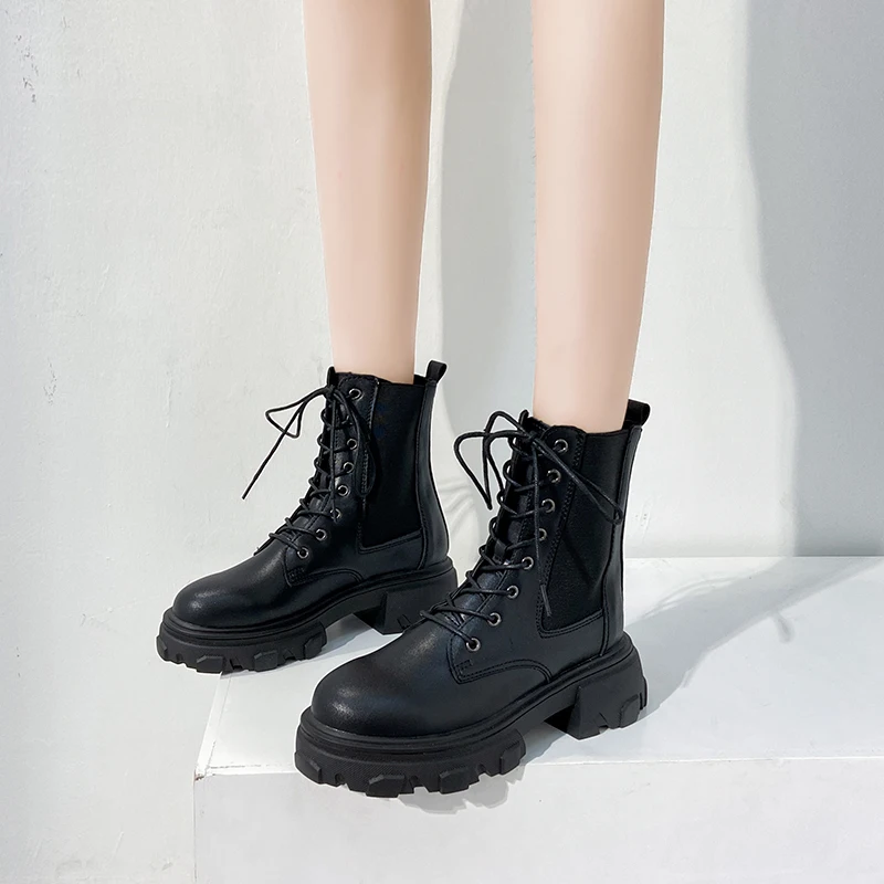 

Women's Winter High Black Boots Female Platform Boots Gothic Ankle Mid Calf Military Chelsea Western Motocross Boots Shoes