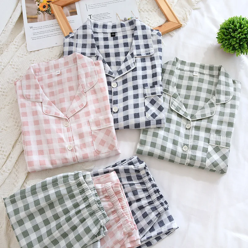 

Classic Couple Cotton Pajamas Spring and Autumn Casual Pajamas Suits Long-sleeved Trousers Cotton Yarn Plus Size Home Clothes