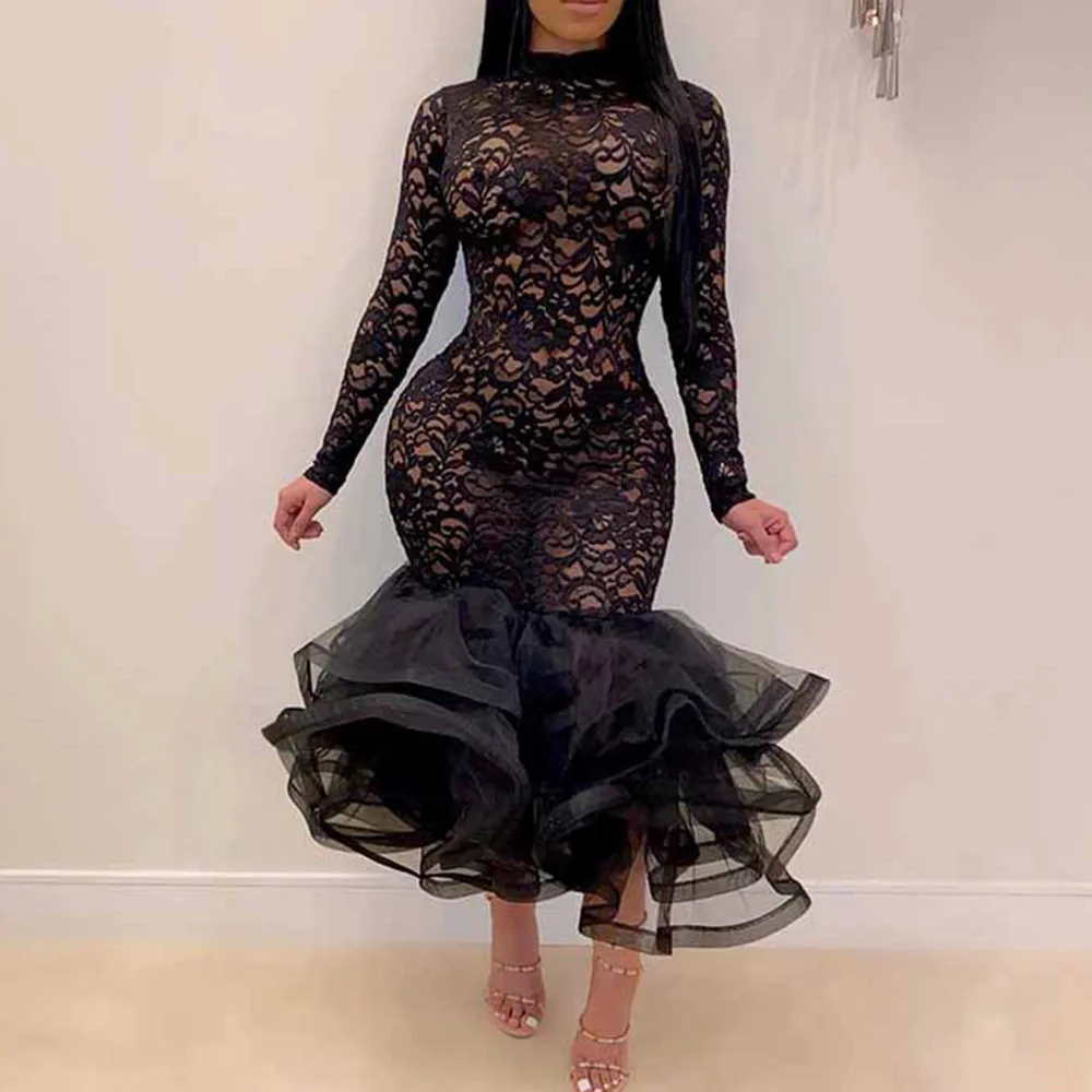 Сексуальное ажурное женское платье Русалка 2020 черное размера плюс кружевное