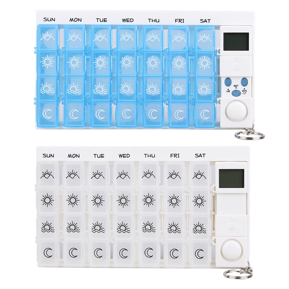 

7 Days Pill Box Medicine Pill Case Organizer LED Timer Reminder 28 Grids Weekly Tablets Storage Pill Dispenser Alarm Clock