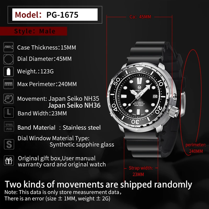 

PAGRNE DESIGN Light Luxury Brand Men's Sports Mechanical Watch NH35A Fashion New Ceramic Bezel 300M Waterproof Automatic Watches