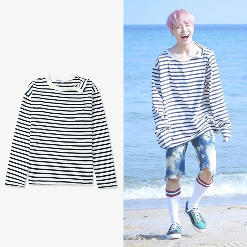 Новинка; kpop Bangtan; свитер в полоску с круглым вырезом для мальчиков; пуловер с капюшоном; рубашка с длинными рукавами