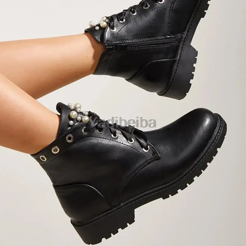 

Women Short Boots PU Leather Ankle Boots Motorcycle Shoes Pearl Decor Lace-up Front Combat Boots Women Shoes Punk Shoes Big Size