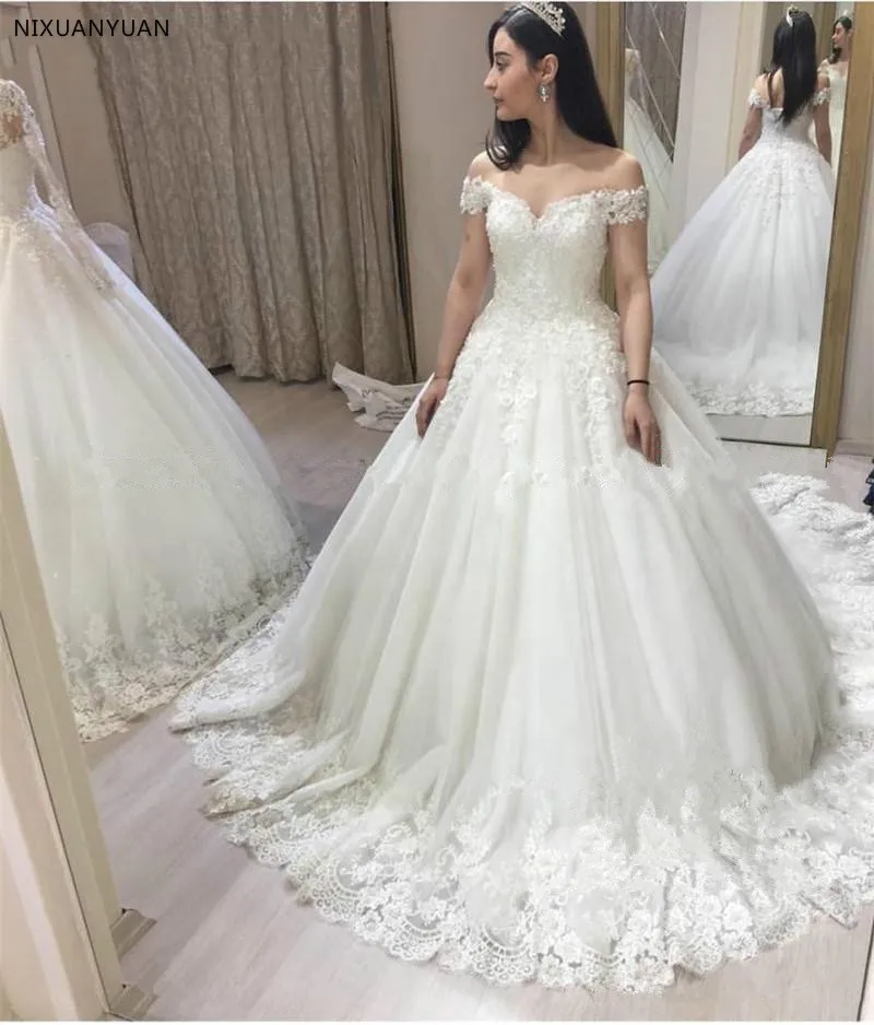 

Princess Ball Gown Lace Luxury Wedding Dress Lace 2021 Off Shoulder Plus Size White Puffy Tulle Vestido De Novia Wedding Gowns