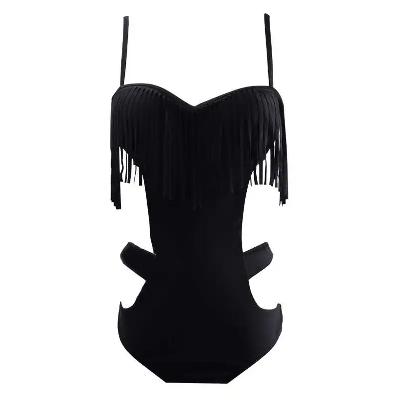 

European and American Fashion Sexy Black Cut-out Big and Small Chest Steel Bracket Push up Bikini Hot Spring One-Piece Tassel