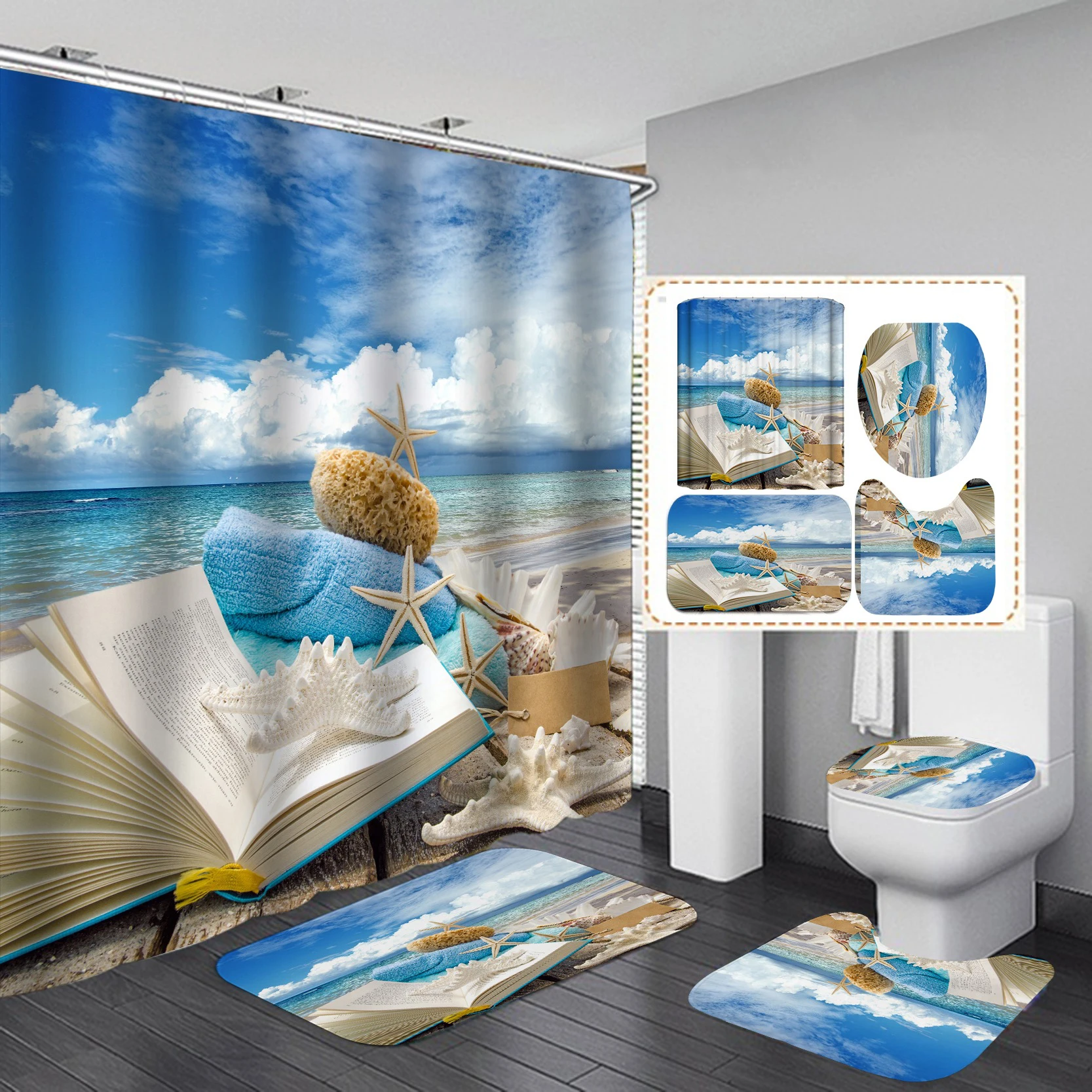 

Variety of Various Sunny Beach Scenery Seaside 3D Printing Shower Curtain Polyester Waterproof Home Decoration Curtain with Hook