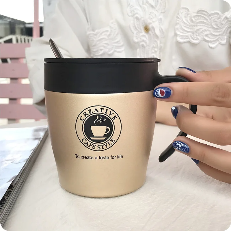 Pan da creative trend water bottle office stainless steel mug student female simple home with lid spoon coffee thermos | Дом и сад