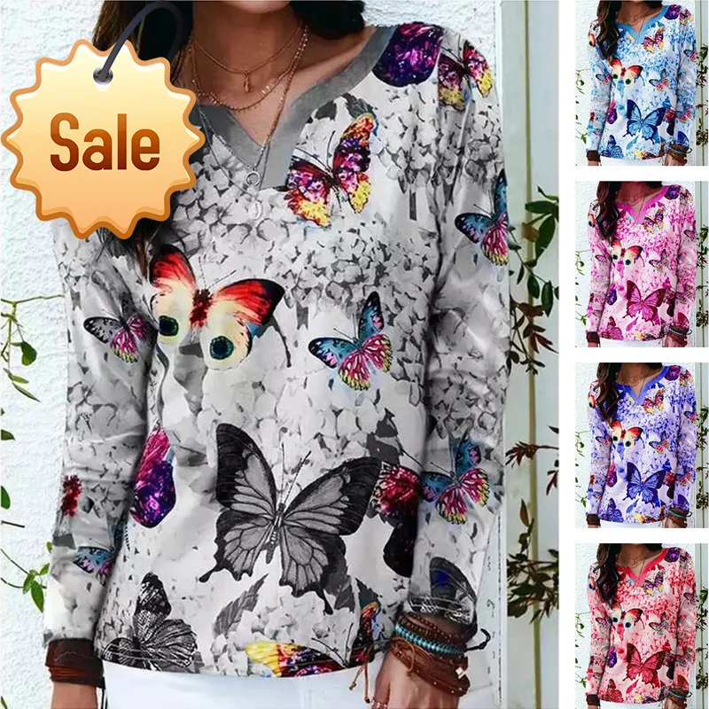

2021 Autumn And Winter New Mid-Length Women's Tops Loose V-Neck Butterfly Print Long-Sleeved T-Shirt Women